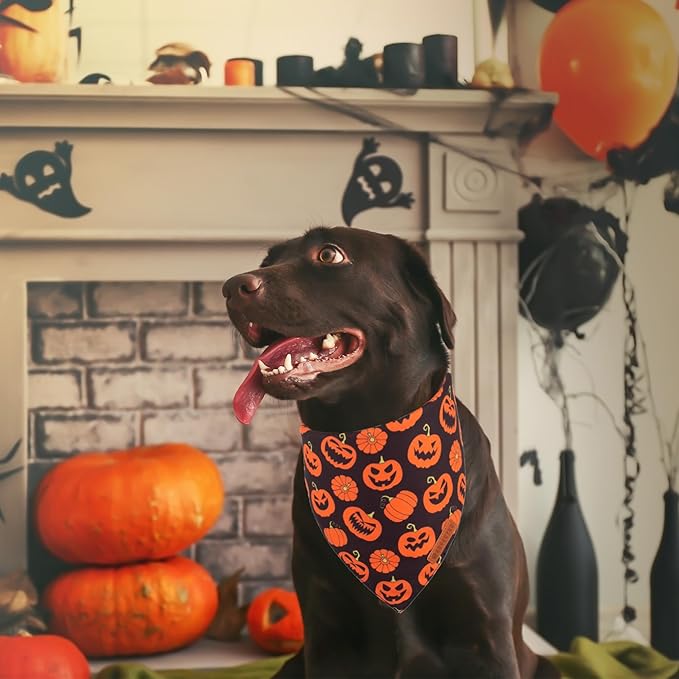 ADOGGYGO Halloween Dog Bandana, Pumpkin Bat Pet Scarf, Premium Durable Fabric, Orange Black Halloween Bandanas for Large and Extra Large Dogs Pets (X-Large)