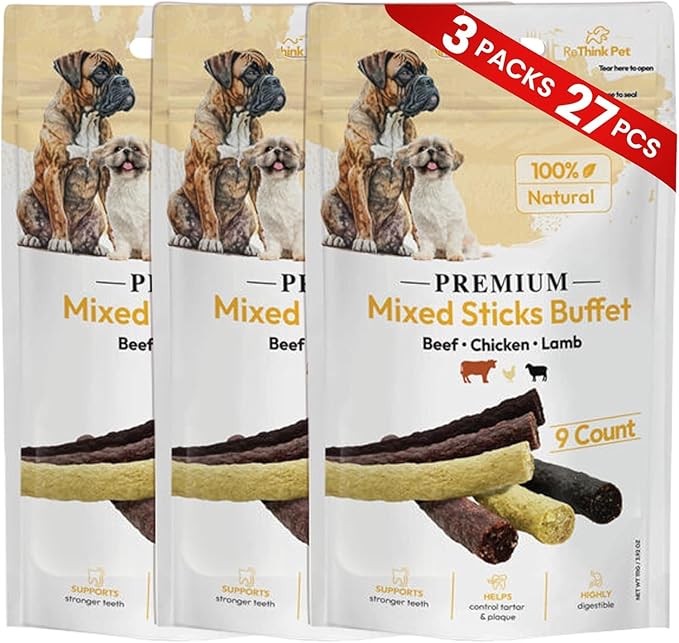 Premium Mixed Buffet Sticks for Dogs – Variety Pack with Lamb, Chicken & Beef, Training Dog Chews, High Protein, All Natural Dog Treats (3 Packs, 27 Sticks)