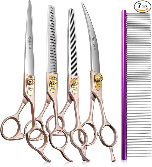 Fenice Peak 7.5‘’ Professional Dog Grooming Scissors Set Rose Gold 440C Stainless Steel Straight Thinning Curved Chunker Shears 4pcs Set for Pet Grooming Services Dogs and Cats