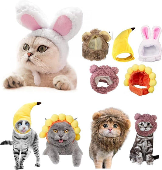 5 Pcs Cat Costume Hats – Cute Lion Mane & Bunny Ears Headwear for Cats,Kitten Puppy Party Easter Costume Accessory Headwear(Lion, Bunny, Banana,Sunflower,Purple Bear)