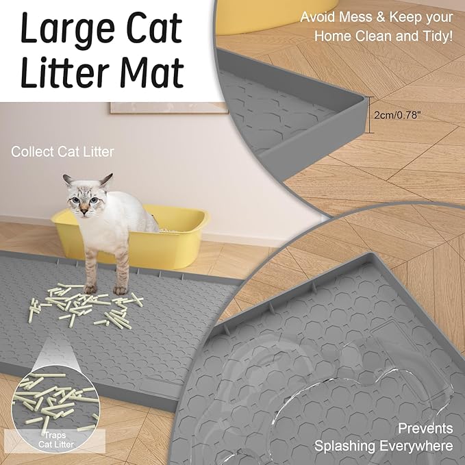 Silicone Large Cat Litter Mat 34" X 22", Cat Mat for Litter Box, Cats Litter Trapping Mat, Non-Slip and Waterproof, Raised Edges, Grey