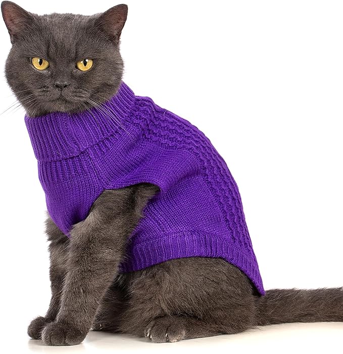 Stretchy Cat Sweater - 17 Colors & 6 Sizes | Snug Winter-Ready Knit for Boy/Girl Cats & Kittens(Deep Purple, X-Small)