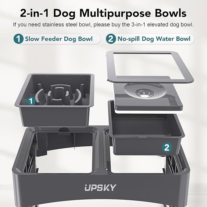UPSKY 2-in-1 Elevated Dog Bowls Slow Feeder, 4 Height Adjustable Raised Bowl Stand, No Spill Dog Water Bowls, Anti-Slip Food and Water Bowls for Small Medium Dogs(Not Include Stainless Steel Bowl)