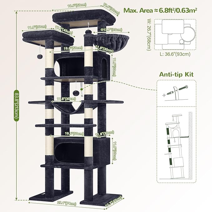 Globlazer XXL Giant Cat Tree, 83 Inch Heavy Duty Tall Cat Tower for Indoor Cats Large Adult, Multi-Level Large Cat Condo with 8 Scratching Posts, Hammock, 2 Cat Caves, 2 Platform, F83B, Dark Grey