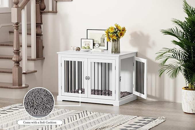 Furniture Style Dog Crate with Cushion, Dog Kennel Medium, Pet Crates, Dog Cage for Small and Medium Dogs, Decorative Dog Kennel with Flip-top Plate, Chew-Proof Metal Bars, White