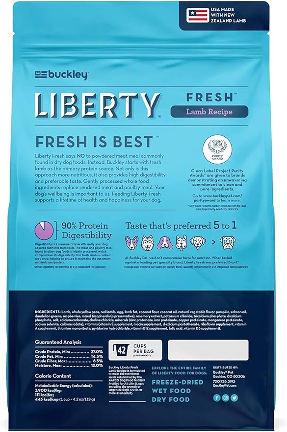 Bixbi Liberty Grain Free Dry Dog Food, Lamb Recipe, 11 lbs - Fresh Meat, No Meat Meal, No Fillers for Easy Digestion - USA Made