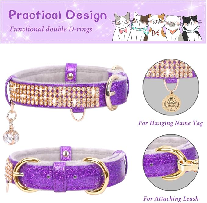 PetsHome Cat Collar, Dog Collar, [Bling Rhinestones] Premium PU Leather with Pendant Adjustable Collars for Big Cat and Small to Medium Dog Small Purple