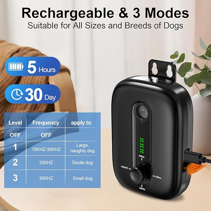 Anti Barking Device for Dogs, Rechargeable Ultrasonic Dog Barking Control Devices with 3 Modes, 33 FT Barking Silencer Sonic Barking Deterrent Indoor/Outdoor Safe for Dog & People B