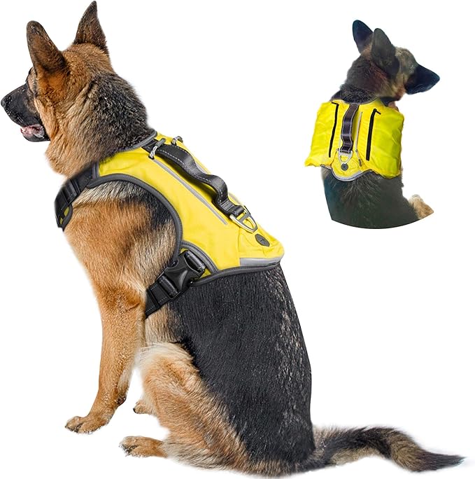 Fida Dog Harness, Multi-Functional No-Pull Pet Vest Harness with Saddle Bags Backpack, Front Leash Clip, Adjustable Soft Padded Reflective No-Choke Dog Vest Heavy Duty for X-Large Dog, XL,Yellow