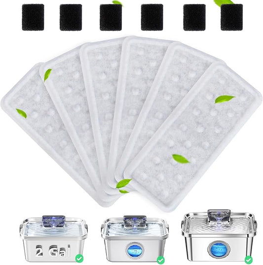 6 Pack Dog Water Fountain Filters and 6 Pack Sponges, Suitable for Stainless Steel Dog Water Fountain (PF-SS-01/PF-SS-02/PF-SS-04), High Efficiency Filtration, Idividual Package