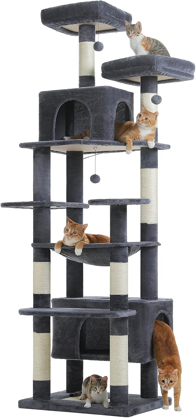 PAWZ Road Heavy Duty Cat Tree for Large Cats, 81 Inches Tall Cat Tower with 2 Perches, 2 Condos and Spacious Hammock, XL Extra Large Condo with 7 Scratching Posts for 20lb+ Adult Cats, Dark Gray