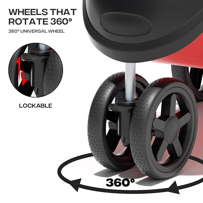 Cat Dog Stroller - 3-Wheels for Medium/Puppy Dogs 30 Lbs, Cats - Foldable with Storage Basket and Cup Holder, Breathable Mesh Red