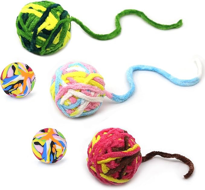 5 PCS Cat Ball Toys - Colorful Woolen Yarn Balls Built-in Bell for Cats, Furry Rattle Ball for Kitty and Kitten Training Indoor Play, Pet Cat Interactive Chasing Chewing Molar Cotton Thread Ball Toys