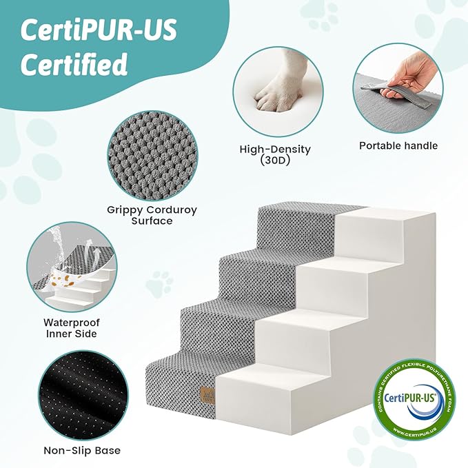 Slope Dog Stairs for Small Dogs 15.7" H, Pet Steps for Couch Sofa Chair with Washable Cover, Non-Slip Indoor Ramp for Puppy Older Cats, 4 Step, Grey