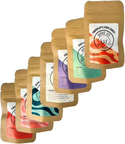 Winnie Lou Organic Healthy Dog Treats – All Natural Crunchy Dog Biscuits Made in USA with Organic Ingredients from Colorado Farms – for Small, Medium, Large Dogs - 7 Sample Packs, 2 Treats Per Pack