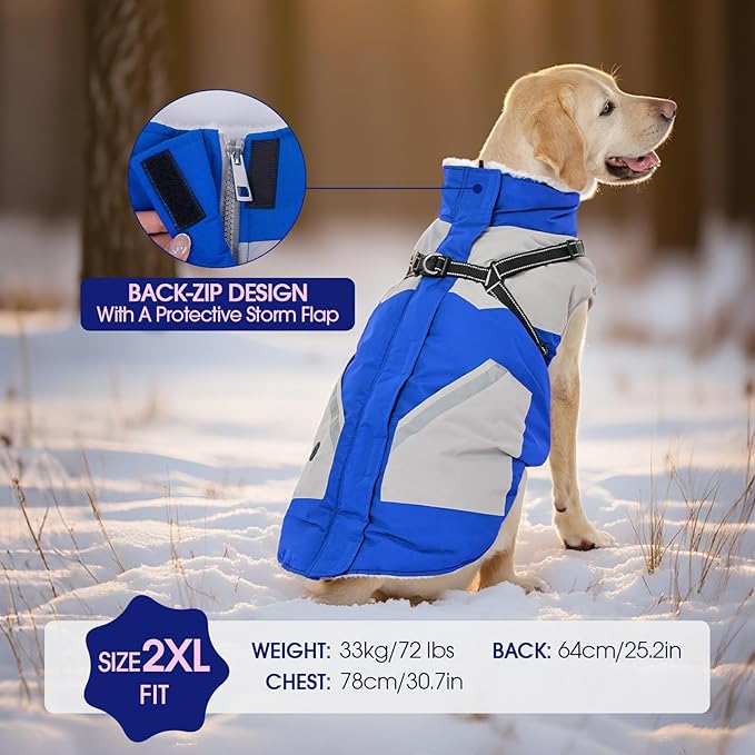 FUAMEY Dog Winter Jackets for Small Dogs,Dog Coat with Harness Built in,Waterproof Dogs Snowsuits Warm Pet Jacket Zip Up Fleece Cold Weather Coats Reflective Puppy Vest with Pocket Blue S