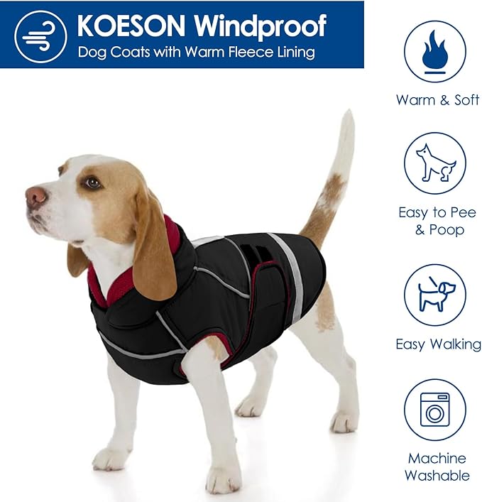 KOESON Dog Coat, Fleece Lined Dog Winter Jacket, Warm Cold Weather Coat for Medium Dogs with Hook & Loop Closure, Waterproof Pet Fleece Vest Snow Jacket for French Bulldog, Corgi, Beagle, Black M