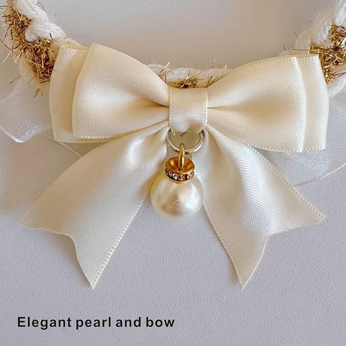 Elegant Lace Cat Collar with Cute Bow,Kitty Necklace with Bow Tie and Pearl,Pet Lace Bib Collar with Cute Bow,Cat Princess Costumes,Golden,1 Piece