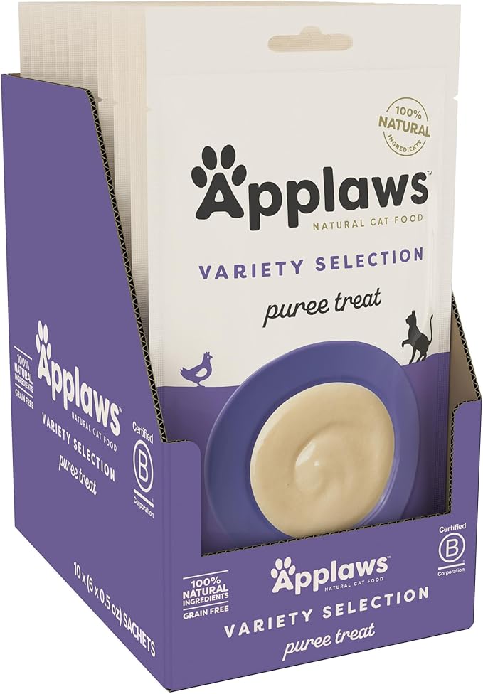 Applaws Lickable Cat Treats, Natural Grain-Free Purée, Made with Limited and Natural Ingredients, No Artificial Additives, Variety of Chicken, Tuna & Salmon Squeeze Up Cat Treats (60 x 0.5 oz Sachets)