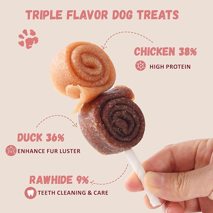 Triple Flavor Dog Treats Chicken Duck Rawhide Lollipops, Long Lasting Rawhide Sticks in Funny Shape, Healthy Chewy High Protein Training Treats Snacks for Medium Large Dogs, 4 Counts, 10.6oz