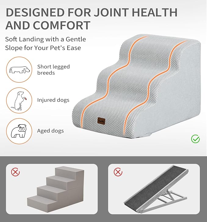 Made4Pets Dog Stairs Ramp for Small Dogs, 3-Step Dog Steps for Bed Couch Sofa and Chair, 35D Foam Pet Steps for Small Dogs and Cats, Non-Slip Bottom Pet Stairs, Light Grey