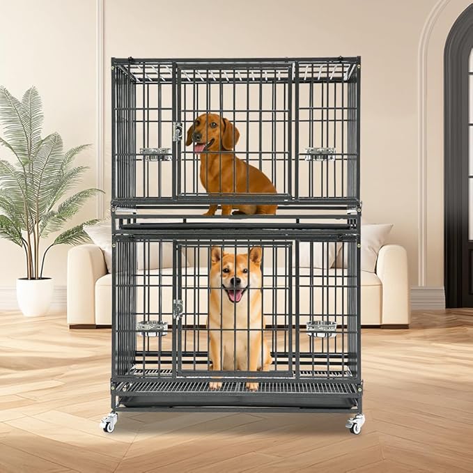 Homey Pet 37 Inch Heavy Duty Dog Crate Indestructible, Collapsible Dog Cage with Lockable Wheels, Removable Tray, High Anxiety Dog Kennel Indoor, Two Tiers Stackable Dog Crates for Medium Dogs