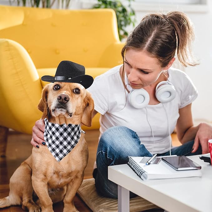 Yewong Pet Cowboy Costume Accessories Dog Cat Pet Size Cowboy Hat and Bandana Scarf West Cowboy Accessories for Puppy Kitten Party Festival and Daily Wearing Set of (Black hat+Black bib)