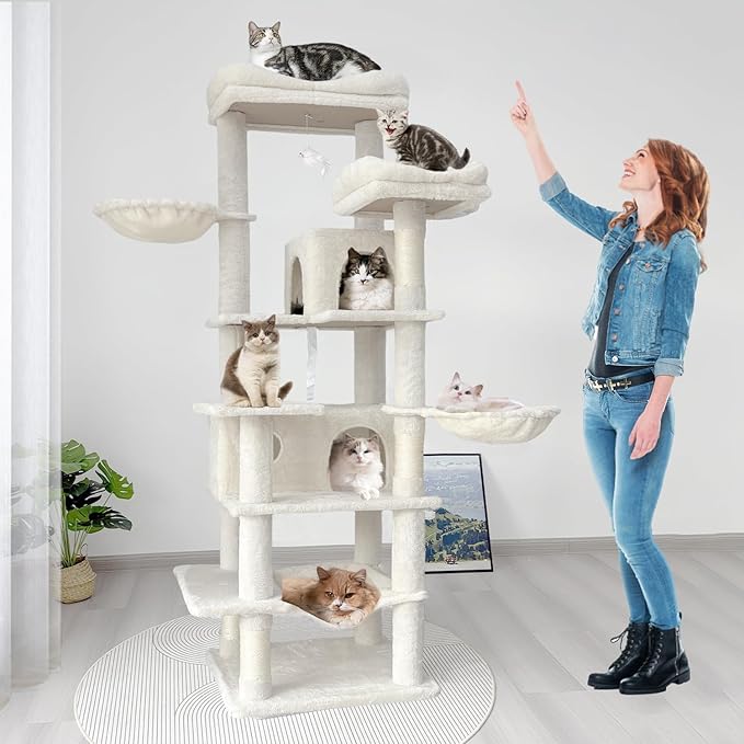 68 Inches Multi-Level Large and Tall Cat Tree Tower for Indoor Cats/Removable Pad/Cat Condo/Sisal Scratching Posts/Hammock/Cat Activity Center/Wide Base