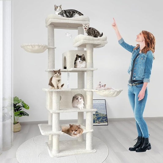 68 Inches Multi-Level Large and Tall Cat Tree Tower for Indoor Cats/Removable Pad/Cat Condo/Sisal Scratching Posts/Hammock/Cat Activity Center/Wide Base