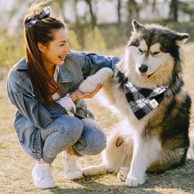 E-Clover Dog Bandanas & Matching Scrunchie Set Boy Plaid Dog Scarf Triangle Bandana Bibs for Medium Large Dog Owner Birthday Gifts Black White