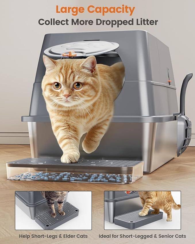 Stainless Steel Litter Box with Lid Large Enclosed High Sided Covered Metal Steel Cat Litter Box with Steps Scoop, Easy Cleaning, Odor Control, Front Entry Top Exit