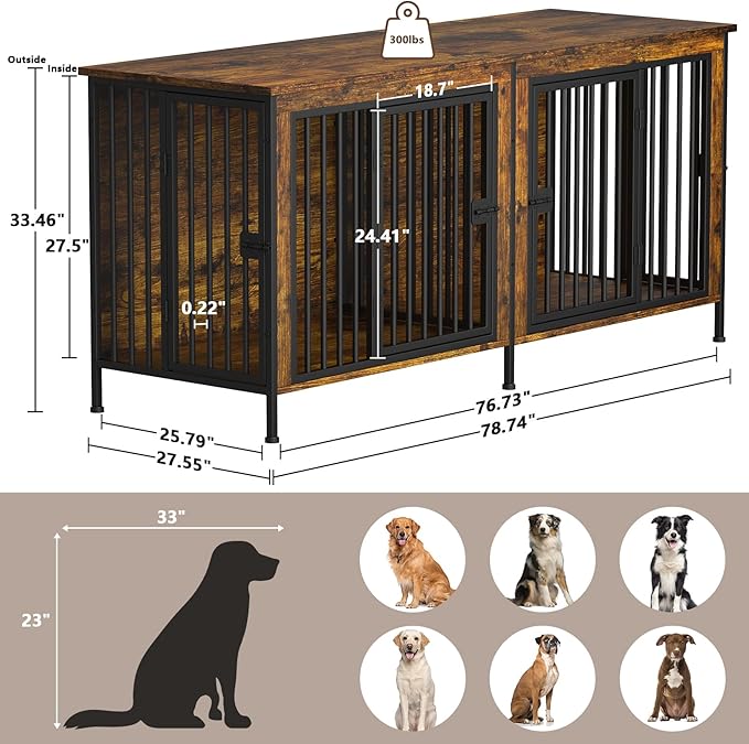 EasyCom Dog Crate Furniture for 1 or 2 Dogs, Heavy Duty Single/Double Dog Crates for Small/Medium/Large Dogs, Dog Kennel Furniture Indoor as TV Stand, Large Size 78.74" L(35-60 Pounds), Brown