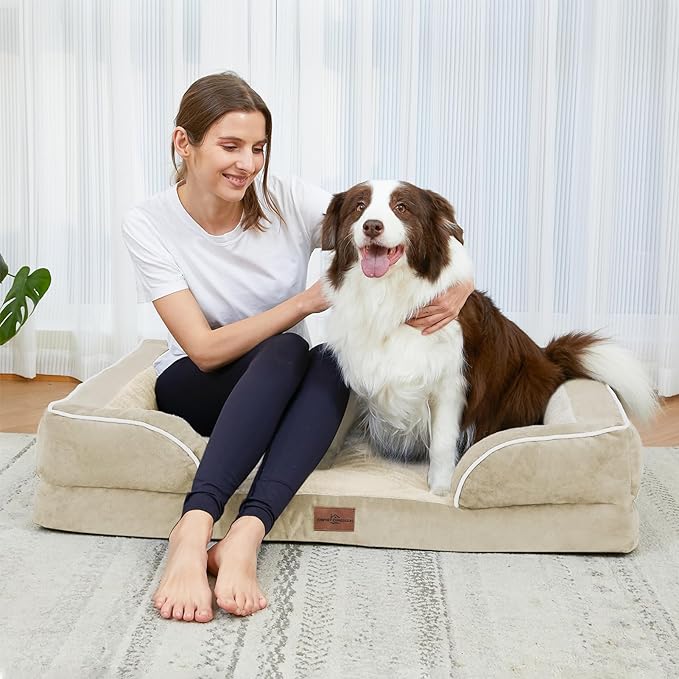 Comfort Expression Orthopedic Dog Bed for Extra Large Dogs 42x30 Inch, Waterproof Supportive Egg Crate Foam XL Pet Bed with Removable Bolsters, Dog Couch with Washable Cover & Non-Slip Bottom, Beige