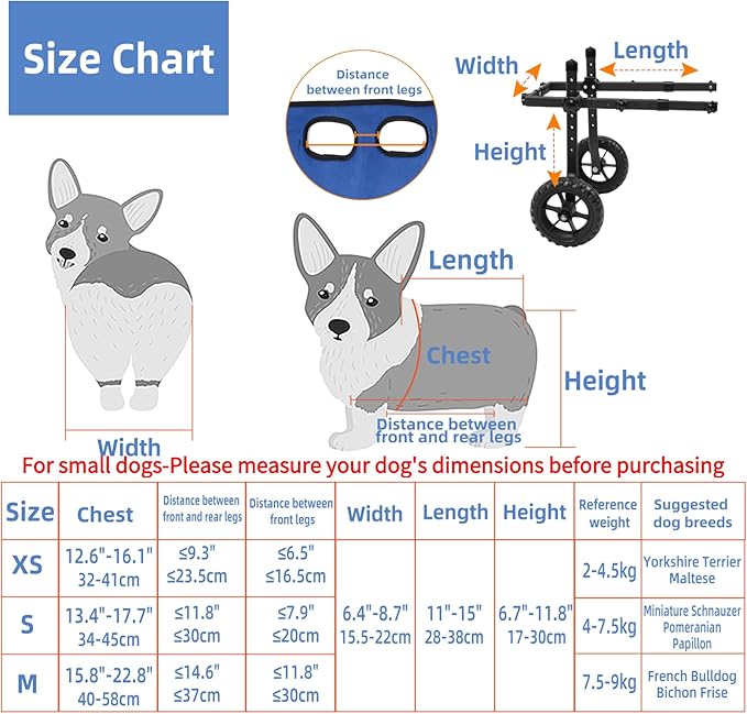 Small Dog Wheelchair for Back Legs, Upgraded 5.5in Textured Wheel, Adjustable, Disabled Pets, Leg Brace, Mobility Aid for Small Pets, Hind Limb Rehabilitation, Older, Disabled (S（Chest 13.4-17.7in）)