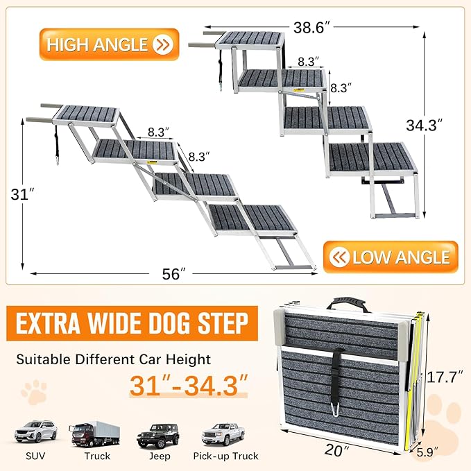 Dog Stairs for Large Dogs - Reflective 20" Wide Dog Car Ramp, 4-Step Aluminum Stairs with Non-Slip Carpet - Foldable Design for Trucks/SUVs/Beds - Heavy Duty 200Lbs Capacity for Large Breeds