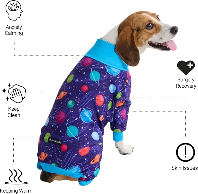 Spark Paws Dog Pajama, Dog Recovery Suit Male, Onesie, Ultra-Soft and 4-Way Stretch, for Small Medium and Large Breeds - Planets - L