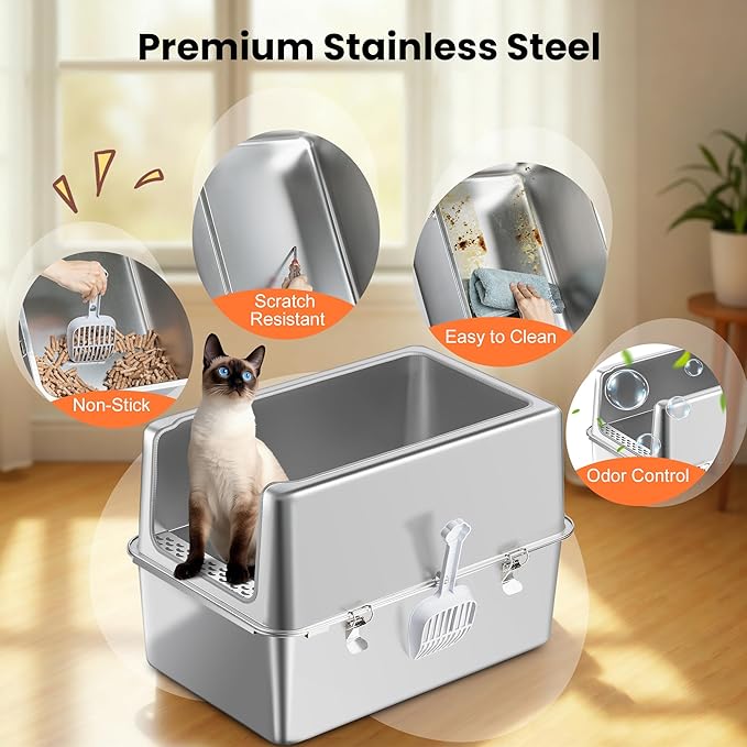 Stainless Steel Litter Box with Metal Lid and Scoop - Enclosed Metal Litter Box for Large Cats, Rust-Resistant, Odor-Control, Easy to Clean, Durable & Long-Lasting with Round Edge (XXL)