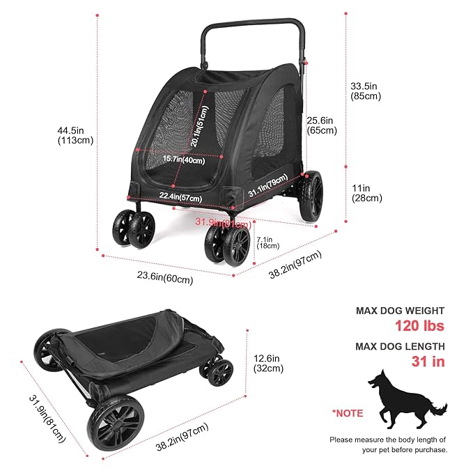 Dog Stroller with 4 Wheels, Folding Cat Strolling for Small/Medium/Large Dogs & Cats to 120 lbs, pet Stroller with Removable Carrier, Storage Basket,Cup Holder (Black)