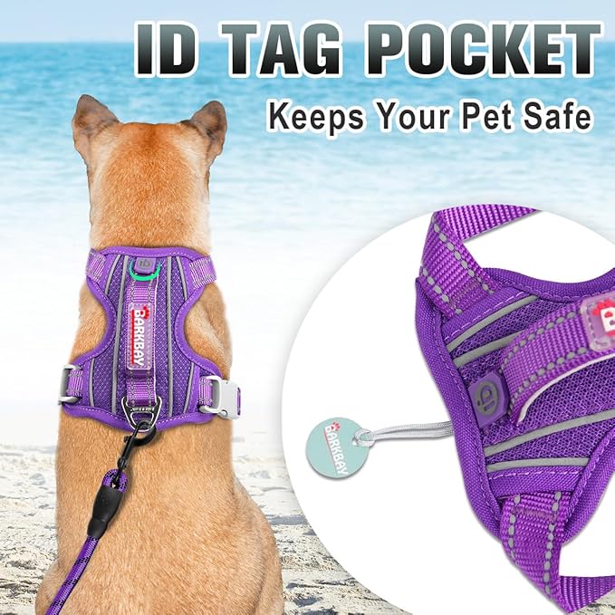 BARKBAY No Pull Dog Harness Large Reflective Dog Harness with Front Clip and Easy Control Handle for Walking Training Running with ID tag Pocket(Purple,XS)