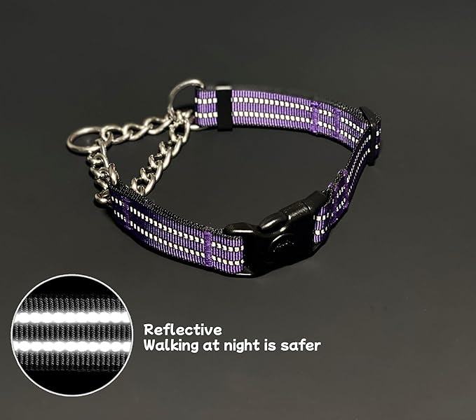 Martingale Dog Collars, Reflective Nylon Collar with Stainless Steel Chain, Adjustable Walking Training Dog Collars with Quick Release Buckle, Suitable for Small Medium Large Dogs(Purple,M)