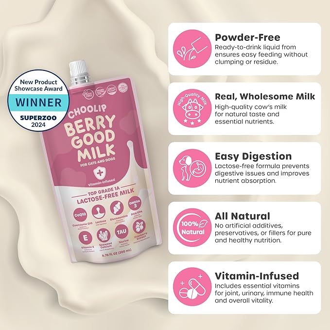 Choolip Berry Good Milk – Lactose-Free, Vitamin-Enriched Drink for Cats & Dogs | Supports Urinary Health, Digestion & Joints | Free from Grains, Gluten and Antibiotics
