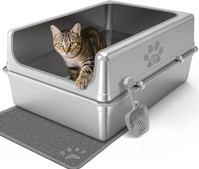Enclosed Stainless Steel Cat Litter Box with Lid, Oversize Metal Litter Box for Multi Cats, Extra XXL Cat Toilet with High Side, Non-Stick, Anti-Leakage, Odorless, with Litter Mat & Litter Scoop