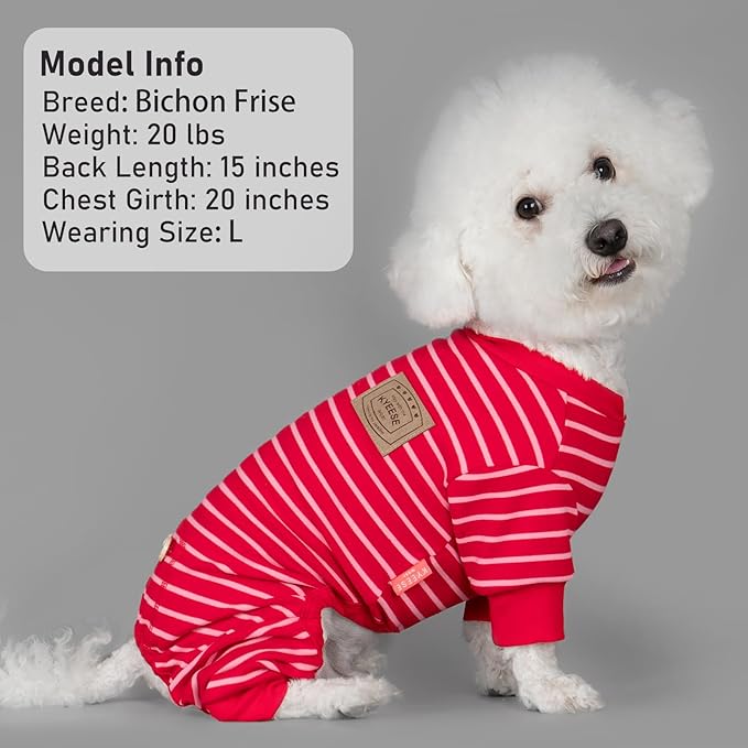KYEESE Dog Pajamas, Soft 4 Legs Doggie Jammies, Striped Velvet Fleece Dog PJS, Pet Jumpsuit Puppy PJS, Stretchable Outfit Cozy Onesie Sleepwear Soft Pajamas, Red Striped, Small
