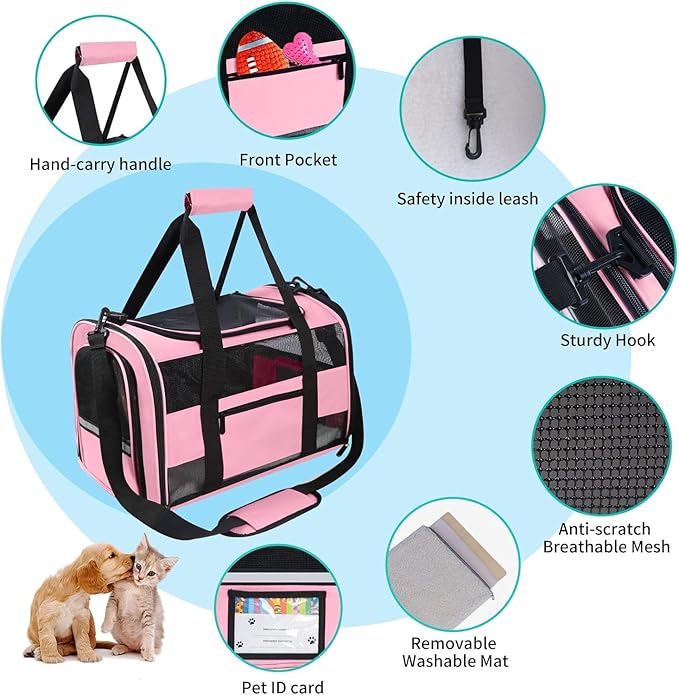 Cat Carrier, Dog Carrier, Pet Carrier for Small Dogs Medium Cats Puppies Under 15 Lbs, TSA Airline Approved Carrier Soft Sided Dog Travel Carriers, Cat Carriers with Reflective Strip - Pink