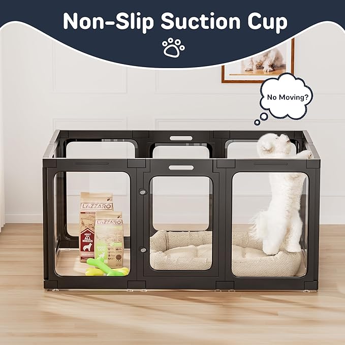 Acrylic Dog Playpen Indoor, 10 PCS Plastic Puppy Playpen with Door, Clear PlayPen for Dog Cat Rabbit Ferret, Preferable Small Dog Cage, Easy Assemble Pet Pen, 50" L x 33.5" W x 24" H, Black