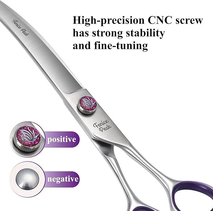 Fenice Peak 7'' Curved Dog Grooming Scissors with decorative screw Professional 440C Stainless Steel Metallic Pet Trimming Shears with Offset Handle Durable and Sharp