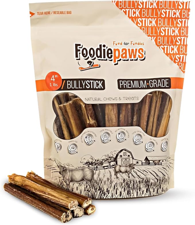 FOODIEPAWS 4 Inch Bully Sticks for Dogs, 1 lb Bulk Pack | All Natural Grass-Fed Beef Pizzle | Rawhide-Free, Odor-Free & Fully Digestible Chews | Dental Treats for Puppies & Small Dogs