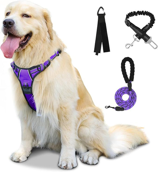 FURRYFECTION Dog Harness | No Pull Dog Harness | Reflective Oxford | Padded Handle | 4 Adjustable Straps | 2 Leash Clips | No Choke Pet Vest Harness for Small Medium Large Dogs | Purple | M