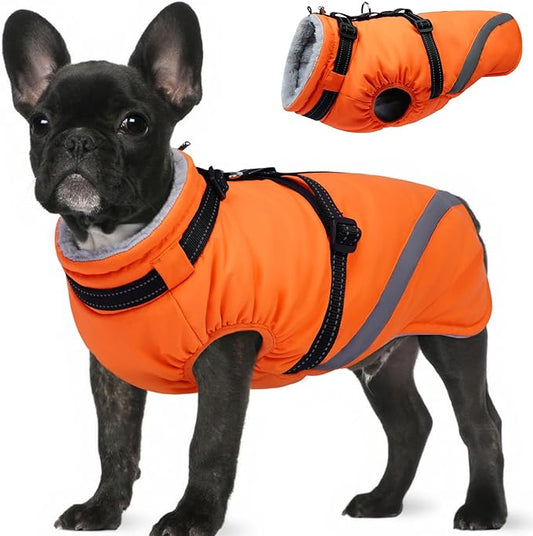 BRKURLEG Dog Winter Jackets for Small Dogs, Dog Coat with Harness Built in, Dogs Snowsuits with Zipper, Waterproof Windproof Pet Puffer Jacket Fleece Vest for Shih Tzu, Maltese, Orange S