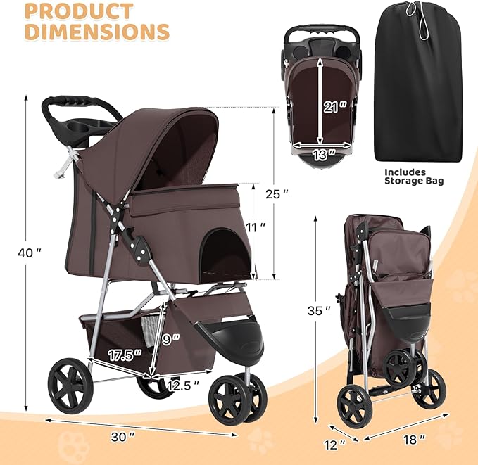 Magshion 3-Wheel Pet Stroller, Foldable Travel Jogger for Small & Medium Dogs & Cats (Up to 33lbs), Lightweight Carrier with Breathable Mesh Cover, Cup Holder & Storage Basket, Coffee